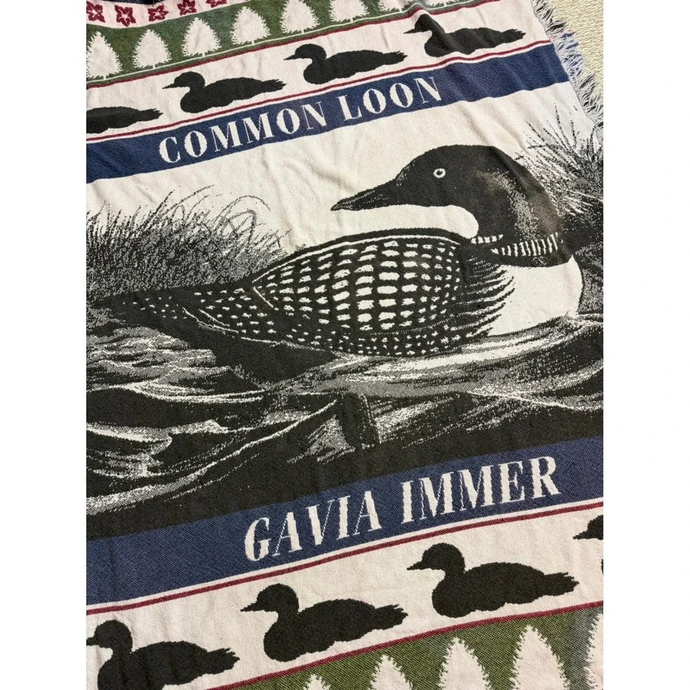 Vintage Common Loon Gavia Immer Woven Tapestry Throw Blanket Fringed Cabin